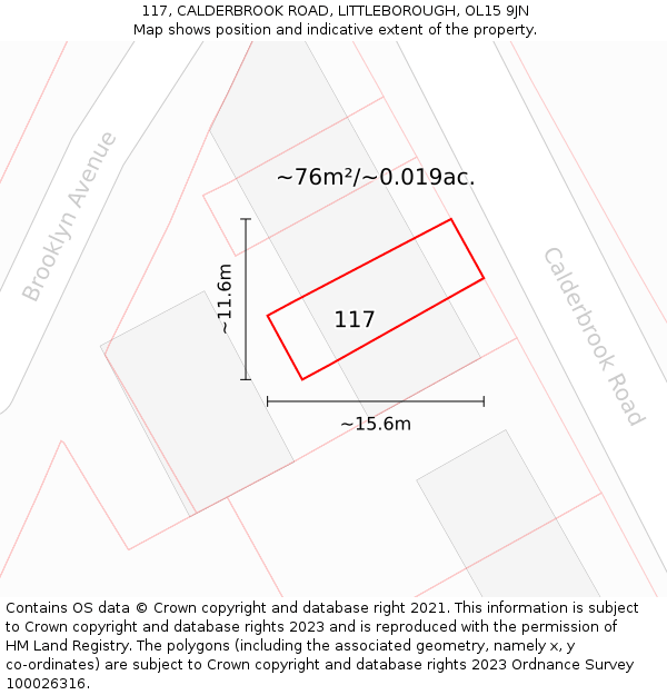 117, CALDERBROOK ROAD, LITTLEBOROUGH, OL15 9JN: Plot and title map