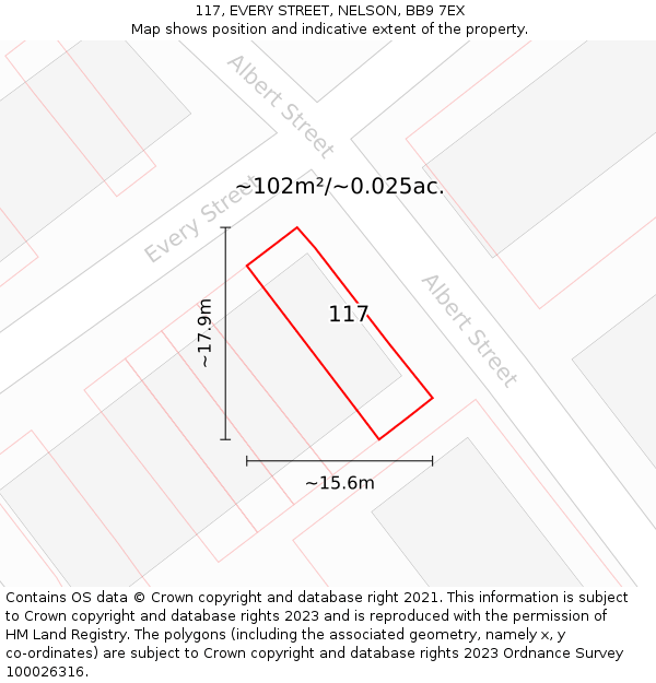 117, EVERY STREET, NELSON, BB9 7EX: Plot and title map