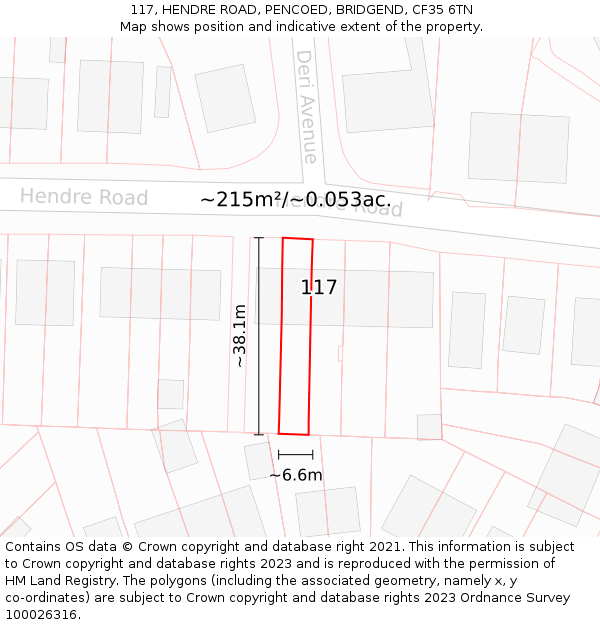 117, HENDRE ROAD, PENCOED, BRIDGEND, CF35 6TN: Plot and title map