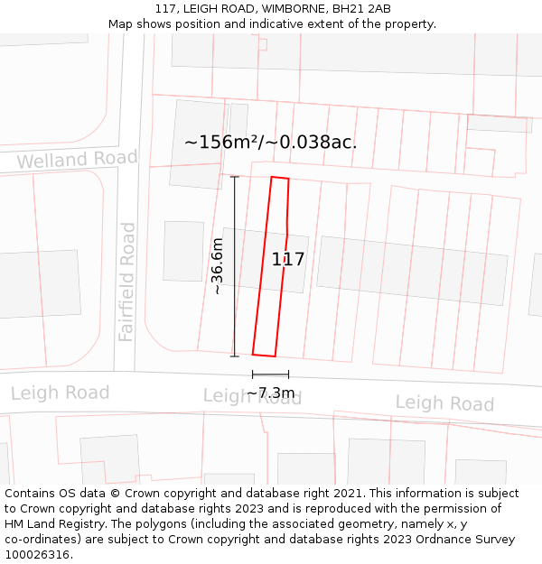 117, LEIGH ROAD, WIMBORNE, BH21 2AB: Plot and title map