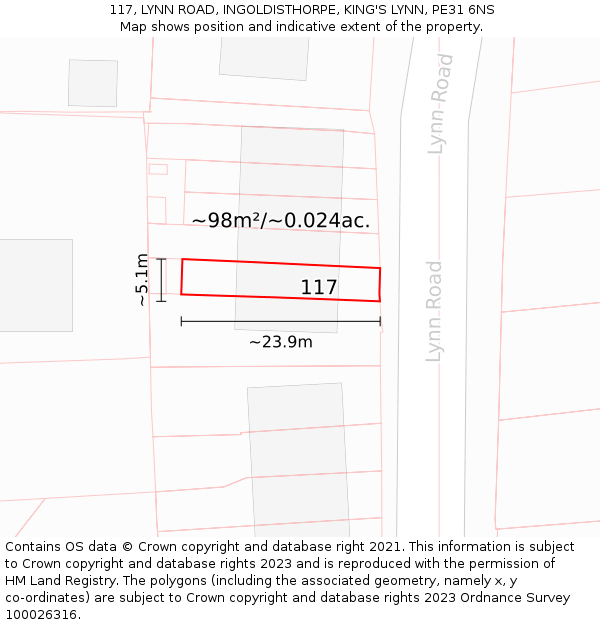 117, LYNN ROAD, INGOLDISTHORPE, KING'S LYNN, PE31 6NS: Plot and title map