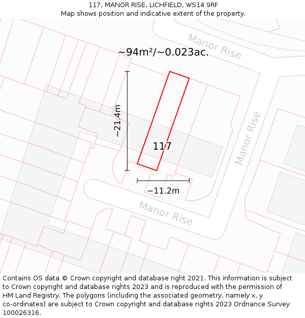 117, MANOR RISE, LICHFIELD, WS14 9RF: Plot and title map