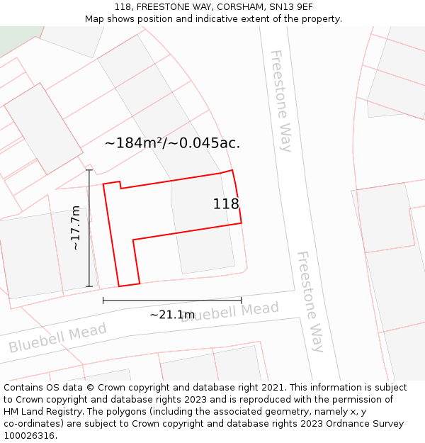 118, FREESTONE WAY, CORSHAM, SN13 9EF: Plot and title map