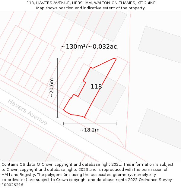118, HAVERS AVENUE, HERSHAM, WALTON-ON-THAMES, KT12 4NE: Plot and title map