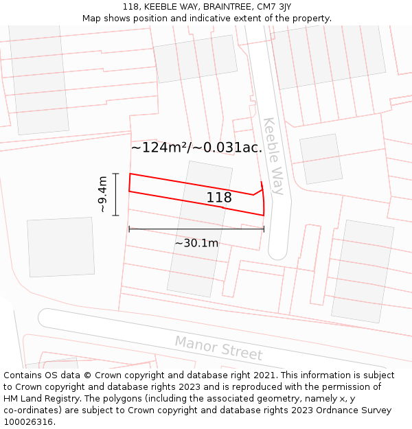 118, KEEBLE WAY, BRAINTREE, CM7 3JY: Plot and title map