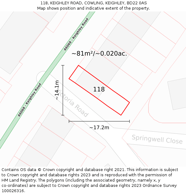 118, KEIGHLEY ROAD, COWLING, KEIGHLEY, BD22 0AS: Plot and title map
