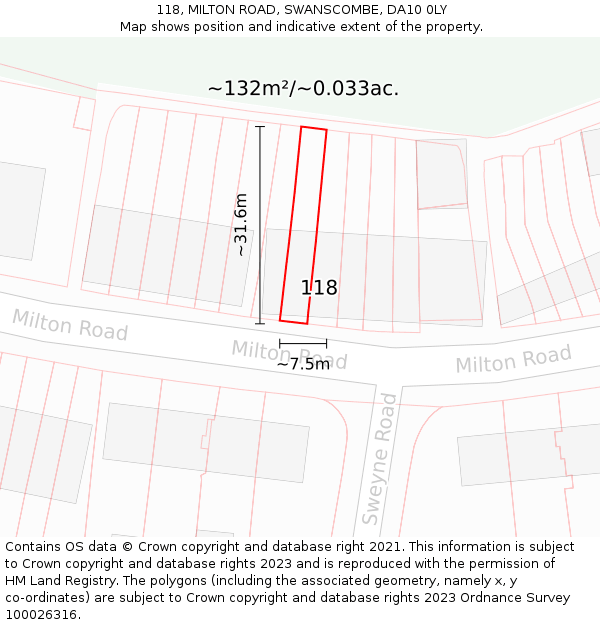 118, MILTON ROAD, SWANSCOMBE, DA10 0LY: Plot and title map