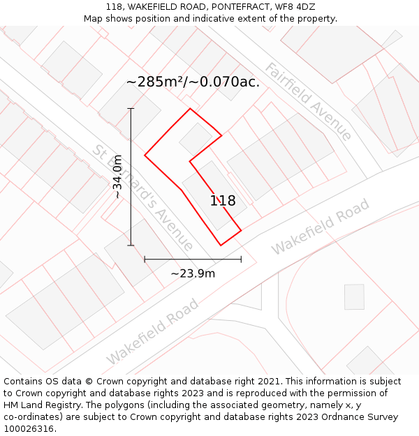 118, WAKEFIELD ROAD, PONTEFRACT, WF8 4DZ: Plot and title map