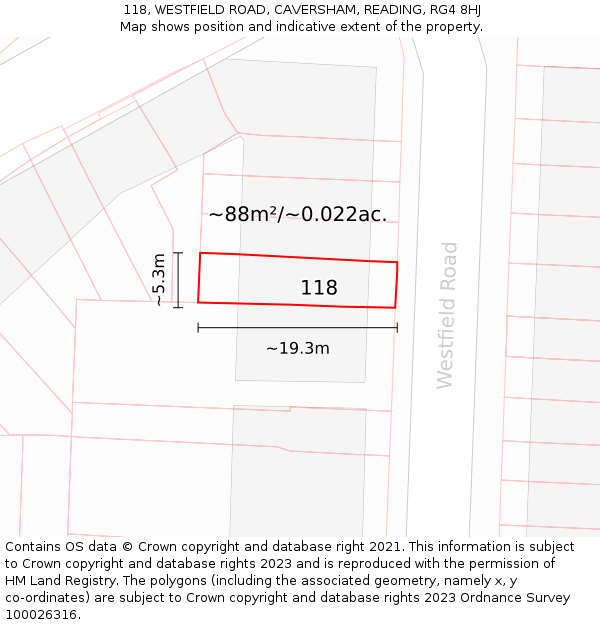 118, WESTFIELD ROAD, CAVERSHAM, READING, RG4 8HJ: Plot and title map