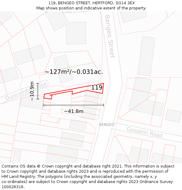 119, BENGEO STREET, HERTFORD, SG14 3EX: Plot and title map