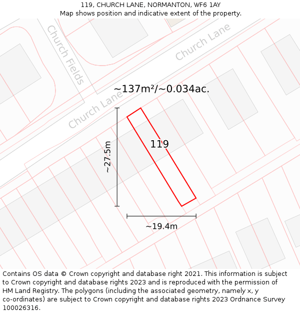 119, CHURCH LANE, NORMANTON, WF6 1AY: Plot and title map