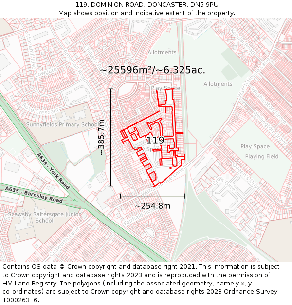119, DOMINION ROAD, DONCASTER, DN5 9PU: Plot and title map