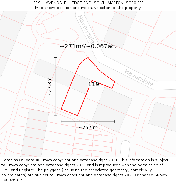 119, HAVENDALE, HEDGE END, SOUTHAMPTON, SO30 0FF: Plot and title map