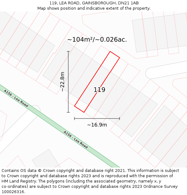 119, LEA ROAD, GAINSBOROUGH, DN21 1AB: Plot and title map