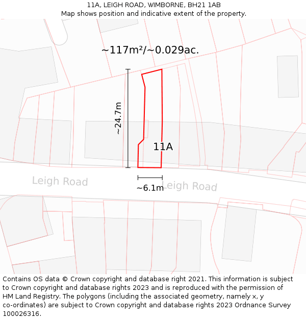 11A, LEIGH ROAD, WIMBORNE, BH21 1AB: Plot and title map