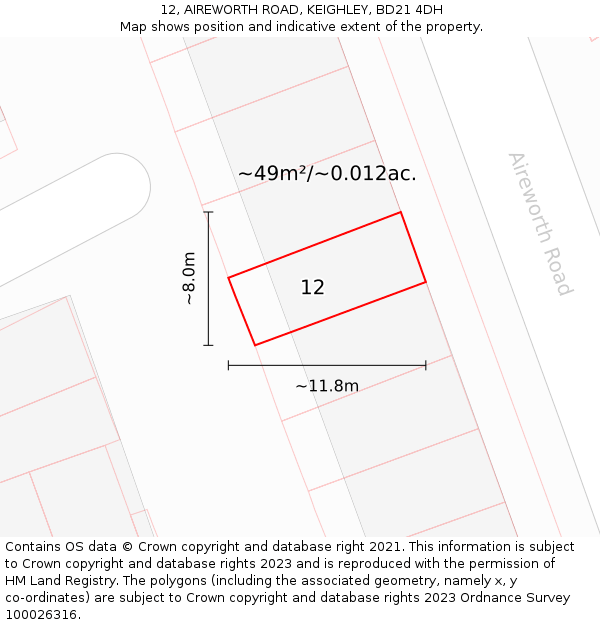 12, AIREWORTH ROAD, KEIGHLEY, BD21 4DH: Plot and title map