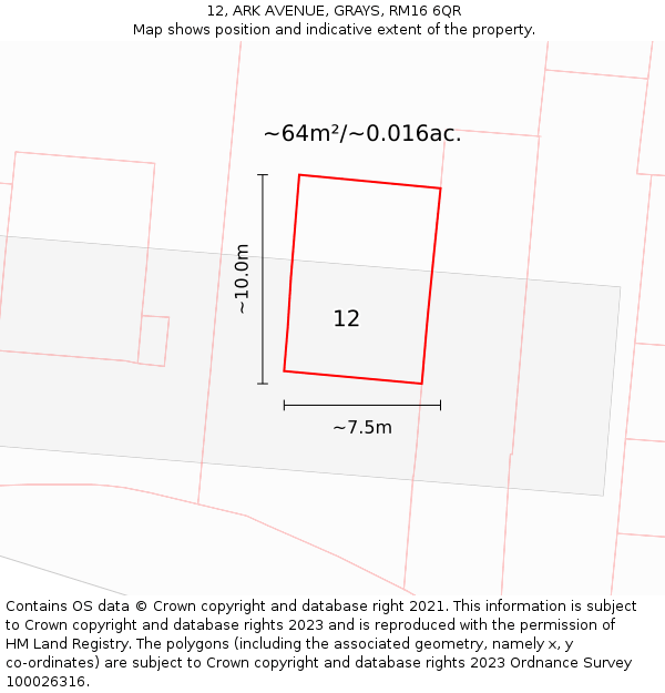 12, ARK AVENUE, GRAYS, RM16 6QR: Plot and title map