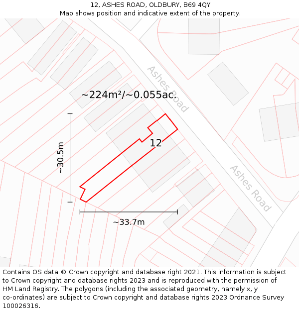 12, ASHES ROAD, OLDBURY, B69 4QY: Plot and title map