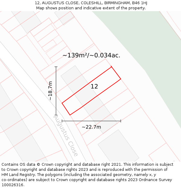 12, AUGUSTUS CLOSE, COLESHILL, BIRMINGHAM, B46 1HJ: Plot and title map