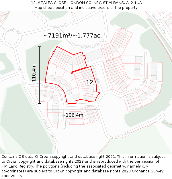 12, AZALEA CLOSE, LONDON COLNEY, ST ALBANS, AL2 1UA: Plot and title map