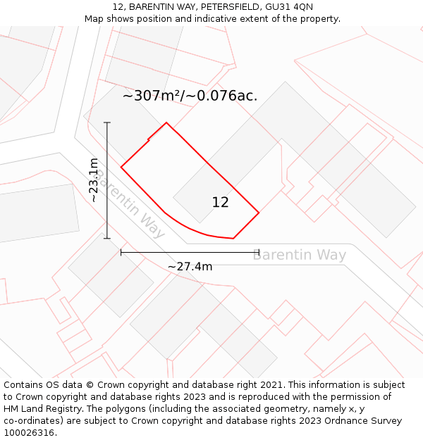12, BARENTIN WAY, PETERSFIELD, GU31 4QN: Plot and title map