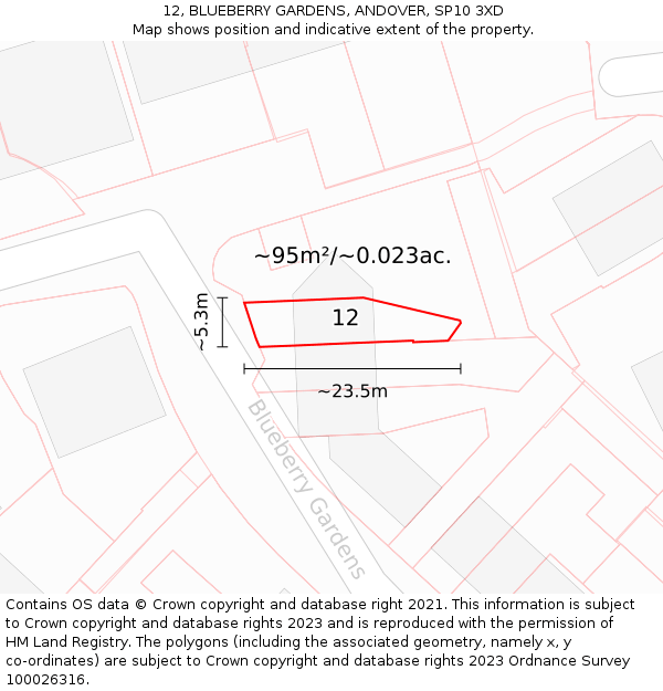 12, BLUEBERRY GARDENS, ANDOVER, SP10 3XD: Plot and title map