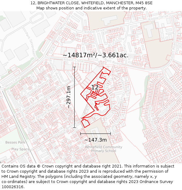 12, BRIGHTWATER CLOSE, WHITEFIELD, MANCHESTER, M45 8SE: Plot and title map