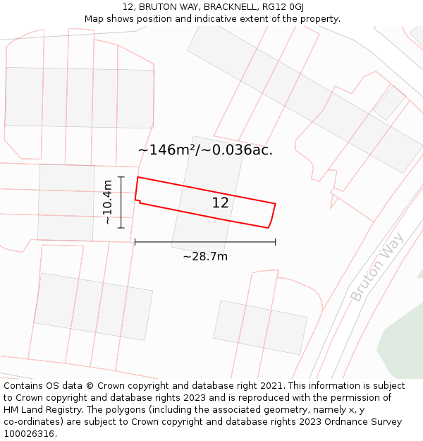 12, BRUTON WAY, BRACKNELL, RG12 0GJ: Plot and title map