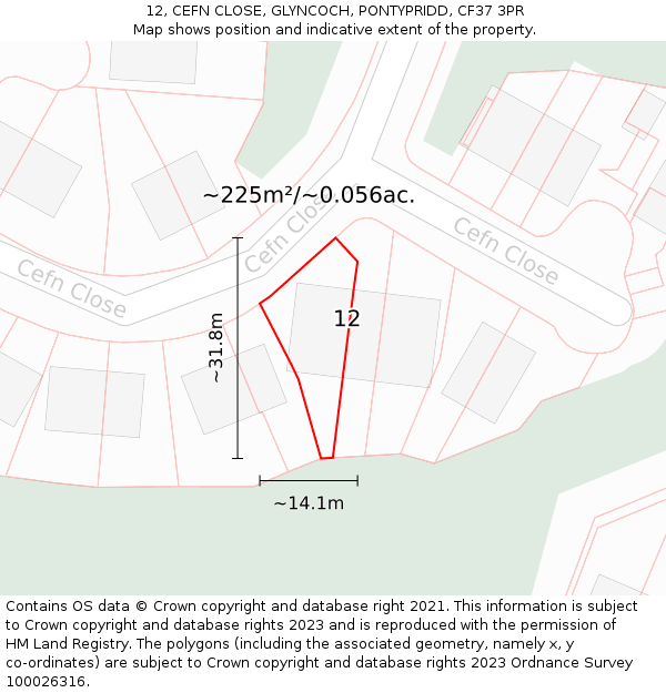 12, CEFN CLOSE, GLYNCOCH, PONTYPRIDD, CF37 3PR: Plot and title map
