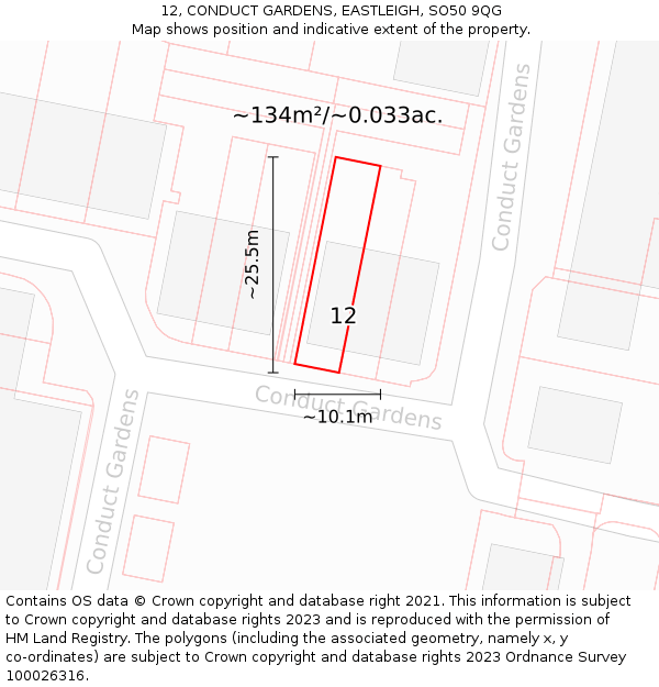 12, CONDUCT GARDENS, EASTLEIGH, SO50 9QG: Plot and title map