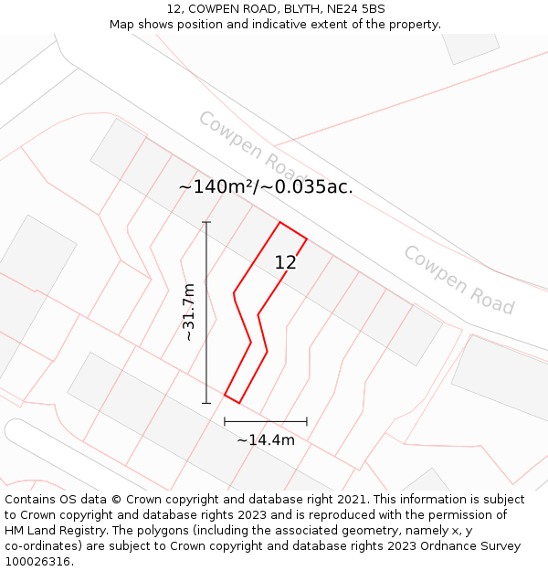 12, COWPEN ROAD, BLYTH, NE24 5BS: Plot and title map