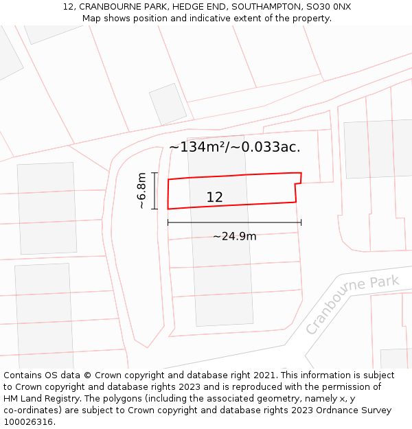 12, CRANBOURNE PARK, HEDGE END, SOUTHAMPTON, SO30 0NX: Plot and title map