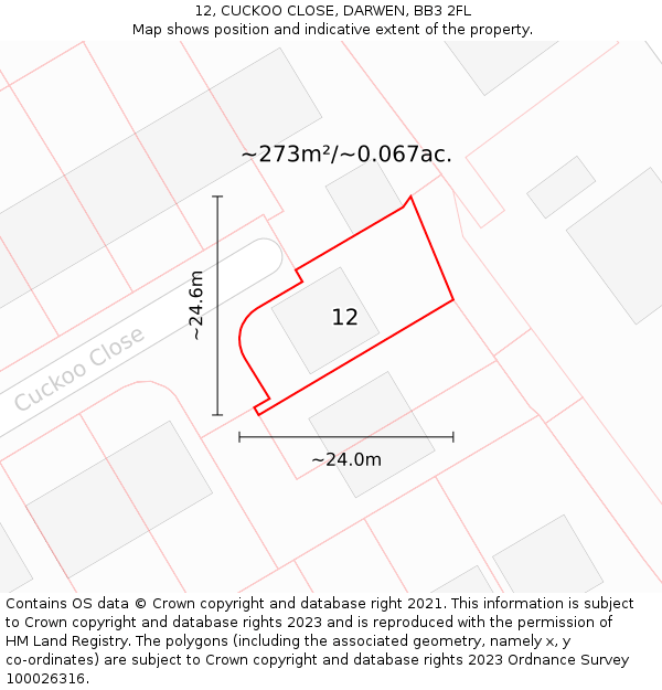 12, CUCKOO CLOSE, DARWEN, BB3 2FL: Plot and title map