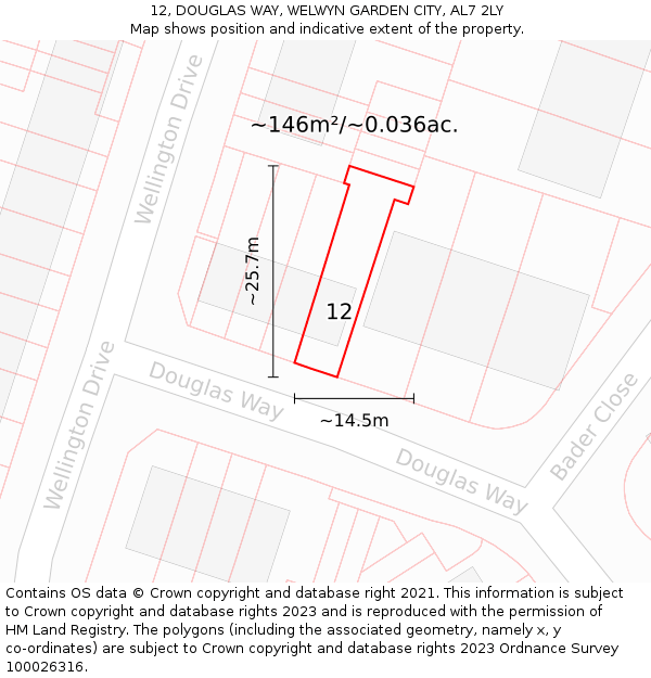 12, DOUGLAS WAY, WELWYN GARDEN CITY, AL7 2LY: Plot and title map