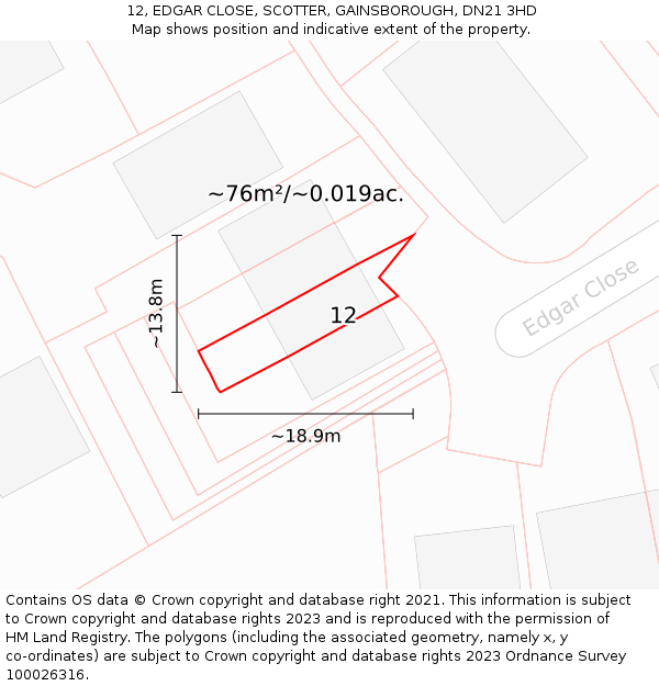 12, EDGAR CLOSE, SCOTTER, GAINSBOROUGH, DN21 3HD: Plot and title map