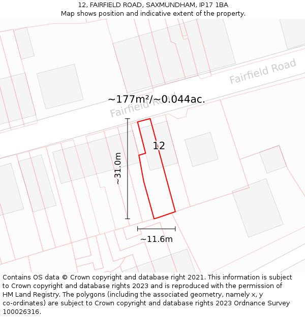 12, FAIRFIELD ROAD, SAXMUNDHAM, IP17 1BA: Plot and title map