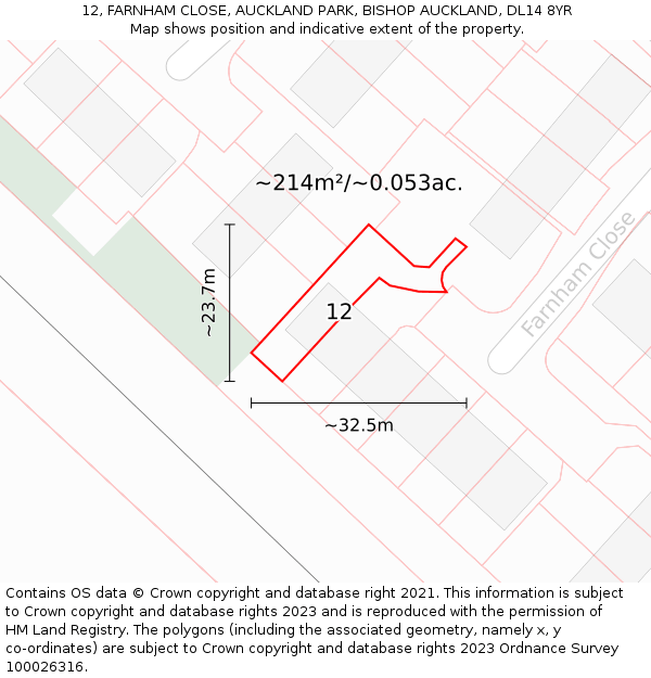 12, FARNHAM CLOSE, AUCKLAND PARK, BISHOP AUCKLAND, DL14 8YR: Plot and title map