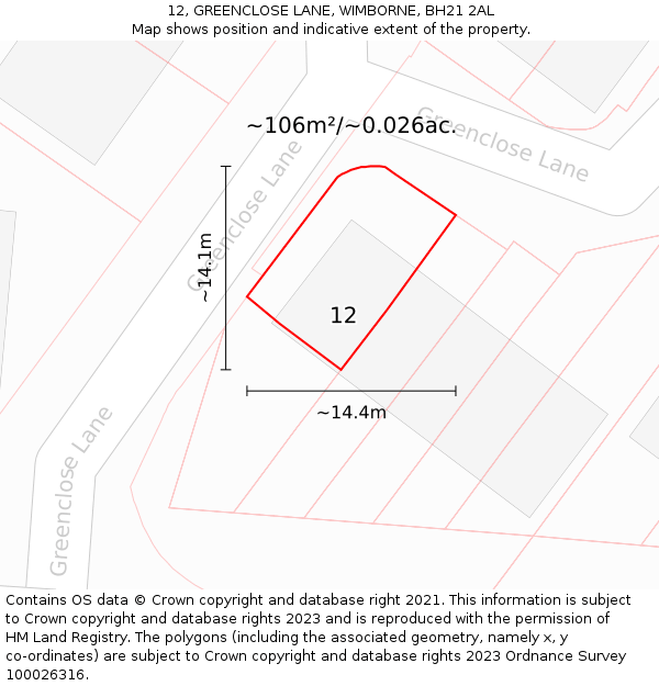 12, GREENCLOSE LANE, WIMBORNE, BH21 2AL: Plot and title map