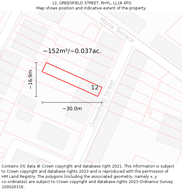 12, GREENFIELD STREET, RHYL, LL18 4PG: Plot and title map