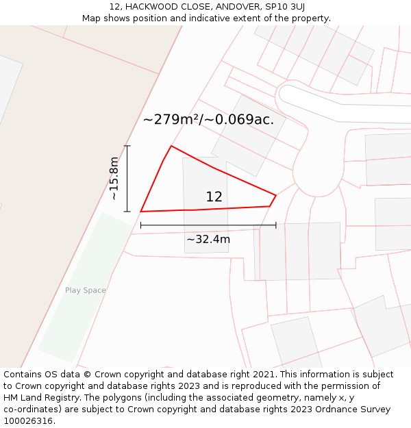 12, HACKWOOD CLOSE, ANDOVER, SP10 3UJ: Plot and title map