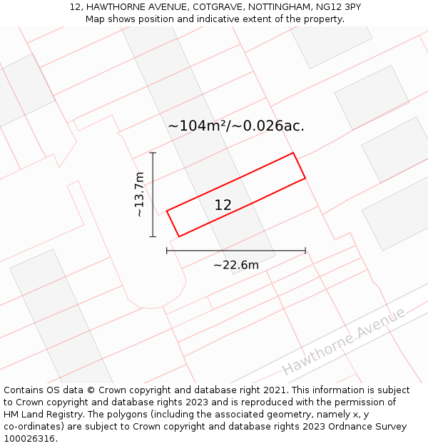 12, HAWTHORNE AVENUE, COTGRAVE, NOTTINGHAM, NG12 3PY: Plot and title map
