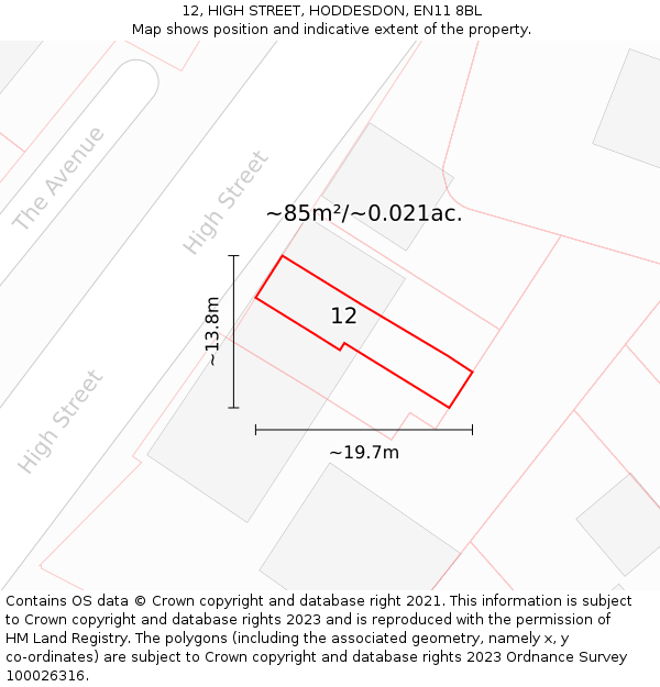 12, HIGH STREET, HODDESDON, EN11 8BL: Plot and title map