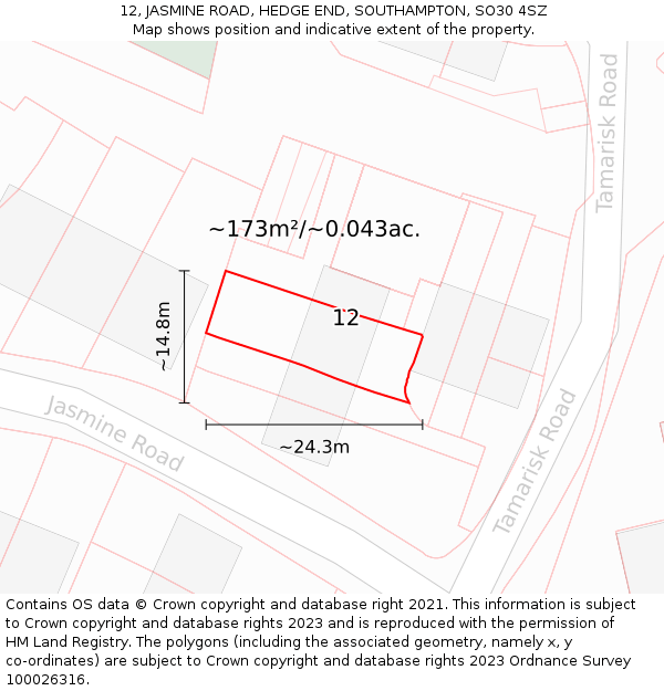 12, JASMINE ROAD, HEDGE END, SOUTHAMPTON, SO30 4SZ: Plot and title map
