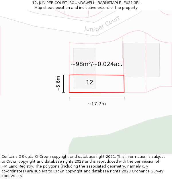 12, JUNIPER COURT, ROUNDSWELL, BARNSTAPLE, EX31 3RL: Plot and title map