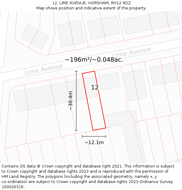 12, LIME AVENUE, HORSHAM, RH12 4DZ: Plot and title map