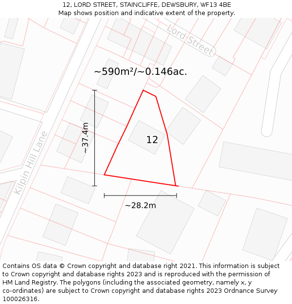 12, LORD STREET, STAINCLIFFE, DEWSBURY, WF13 4BE: Plot and title map
