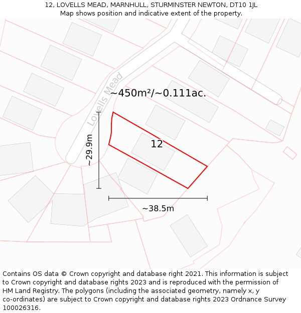 12, LOVELLS MEAD, MARNHULL, STURMINSTER NEWTON, DT10 1JL: Plot and title map