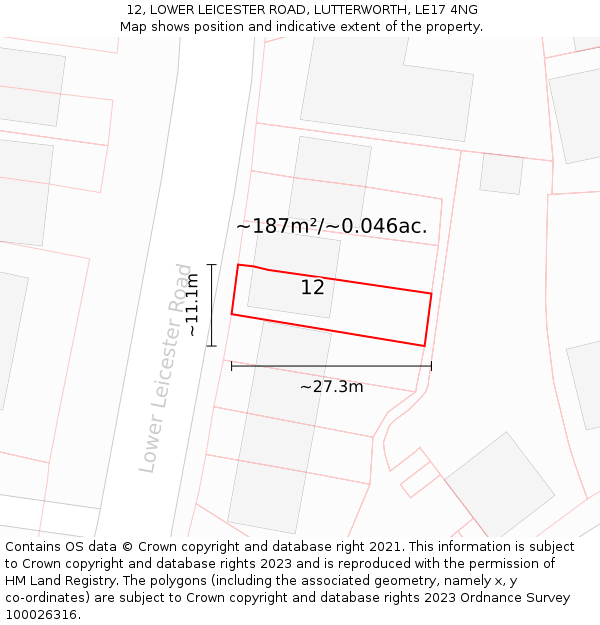 12, LOWER LEICESTER ROAD, LUTTERWORTH, LE17 4NG: Plot and title map