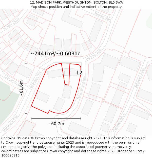 12, MADISON PARK, WESTHOUGHTON, BOLTON, BL5 3WA: Plot and title map