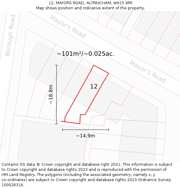 12, MAYORS ROAD, ALTRINCHAM, WA15 9RP: Plot and title map